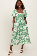 Green Floral Smocked Short Sleeve Maternity Midi Dress