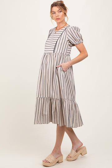 Beige Striped Short Sleeve Maternity Midi Dress