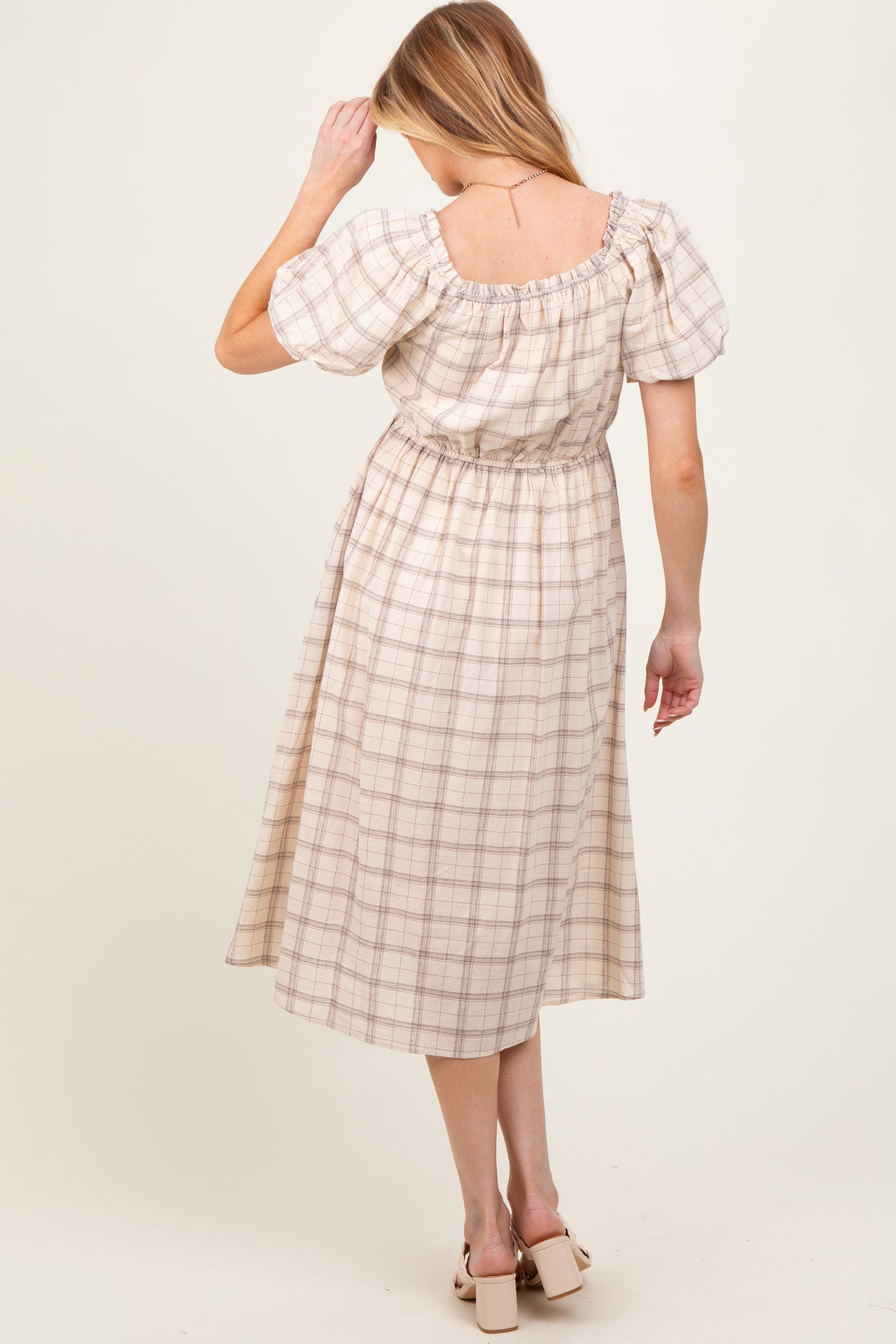 Ivory Plaid Square Neck Maternity Midi Dress