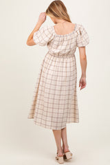 Ivory Plaid Square Neck Maternity Midi Dress