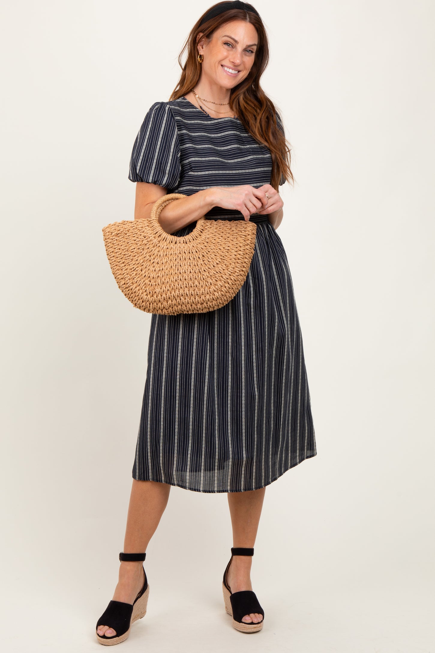 Navy Blue Striped Short Sleeve Midi Dress
