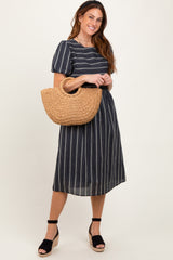 Navy Blue Striped Short Sleeve Midi Dress