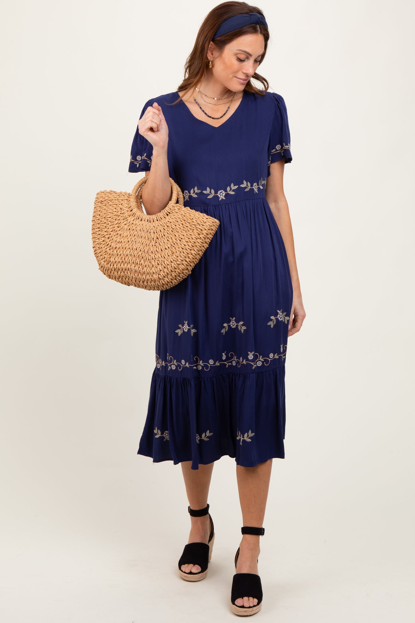 Navy Floral Lace Midi Dress