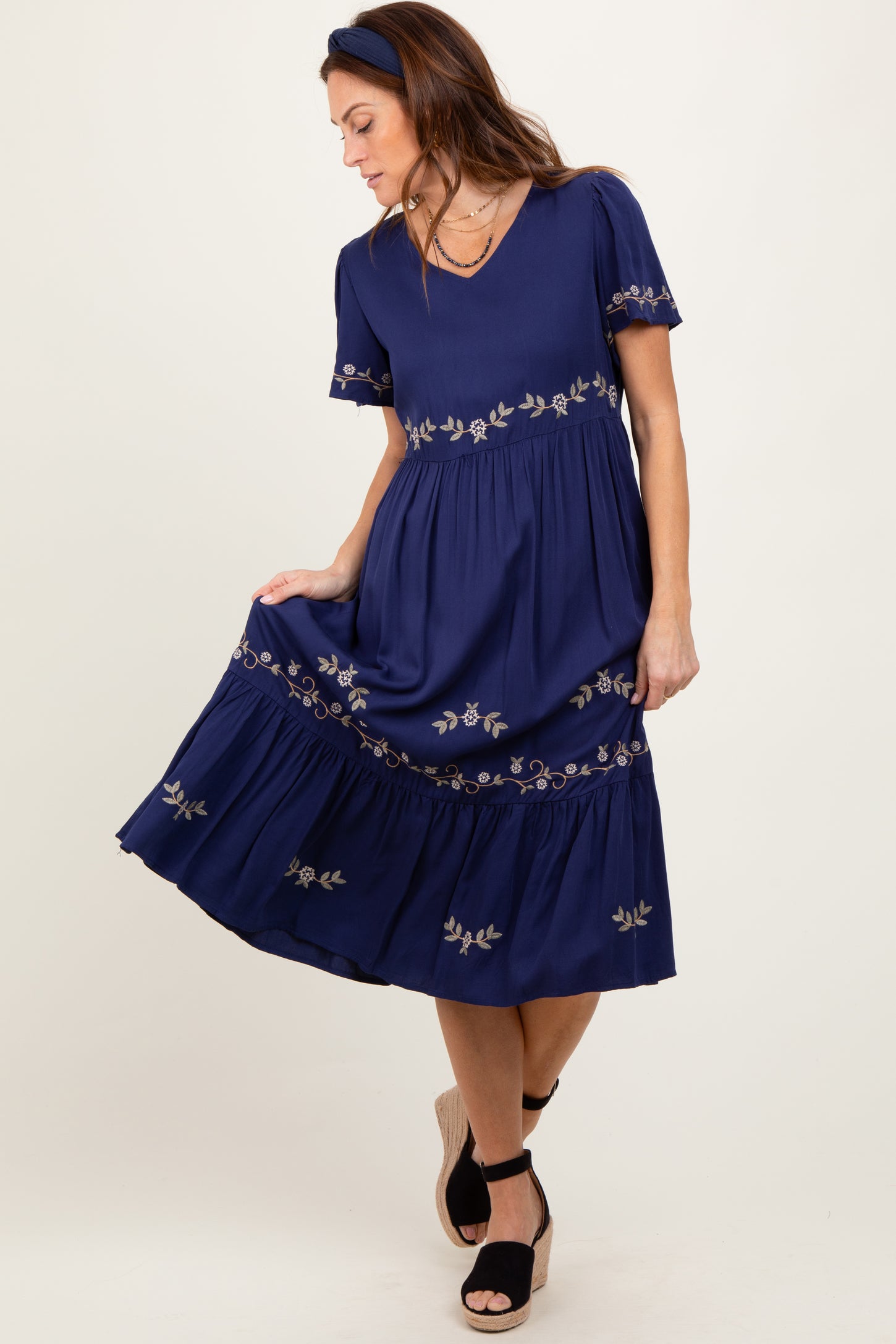 Navy Floral Lace Midi Dress
