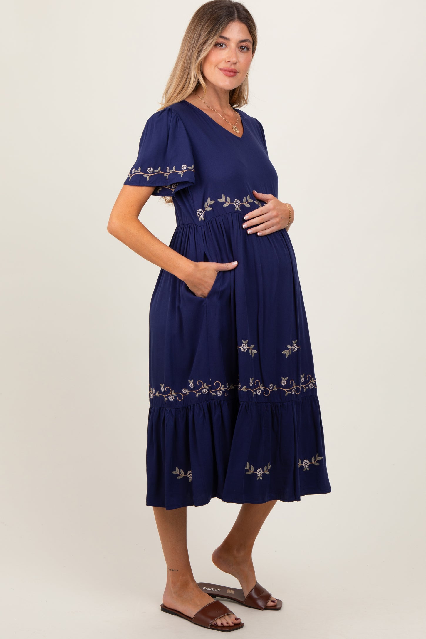 Navy Floral Lace Maternity Midi Dress
