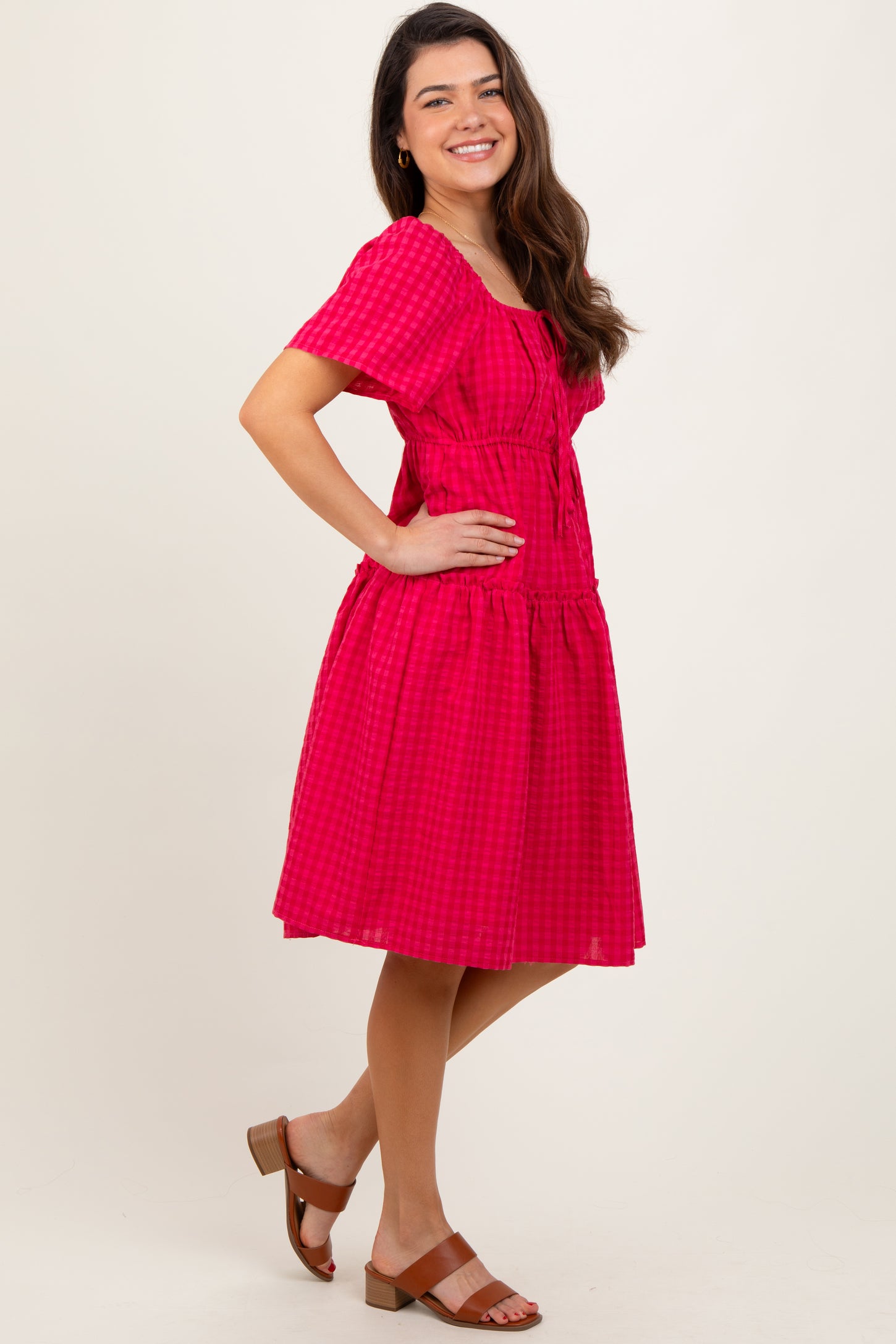 Fuchsia Gingham Short Sleeve Tiered Dress