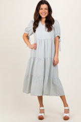 Light Blue Split V-Neck Sleeve Tie Tiered Midi Dress