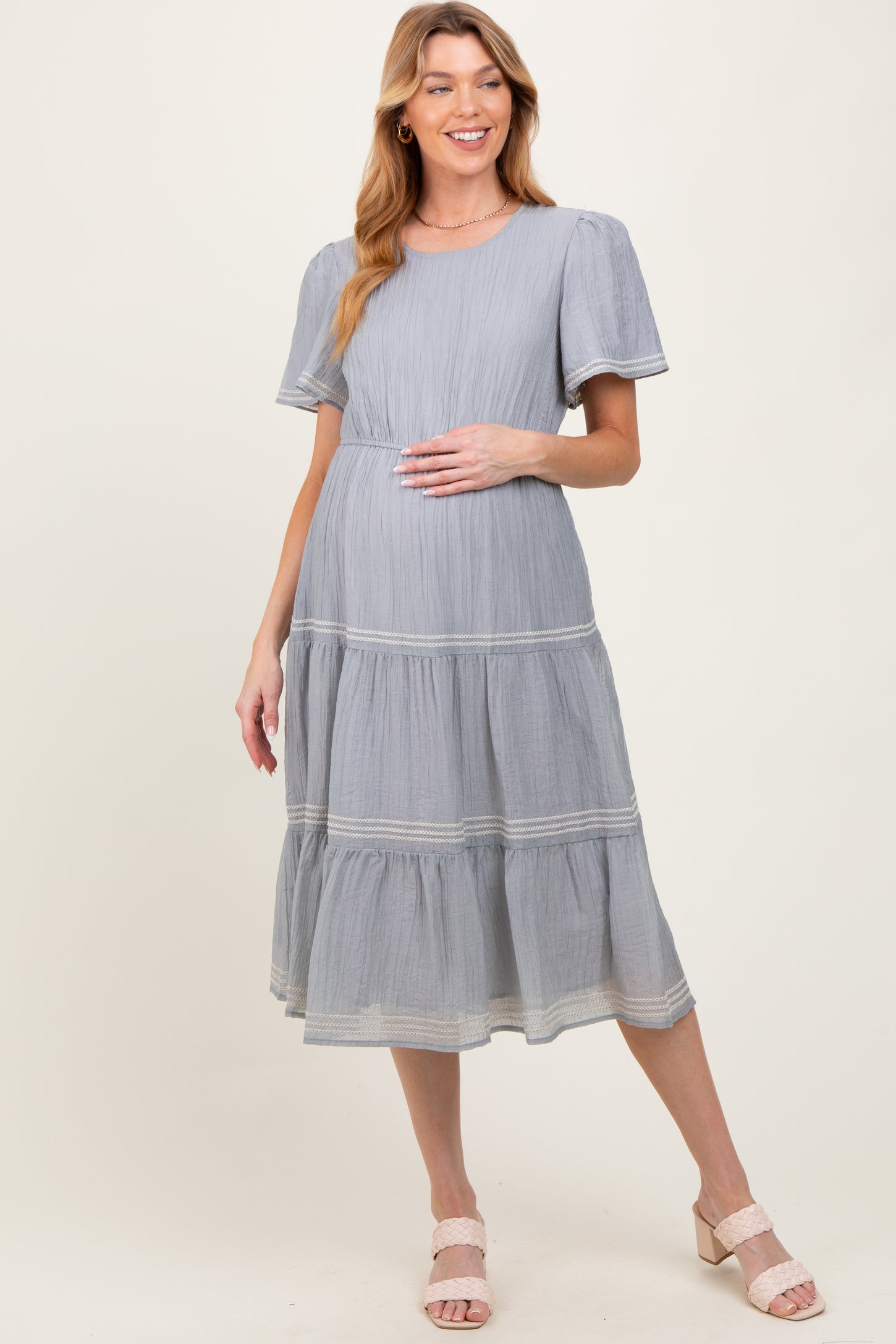Light Blue Embroidered Tiered Maternity Midi Dress