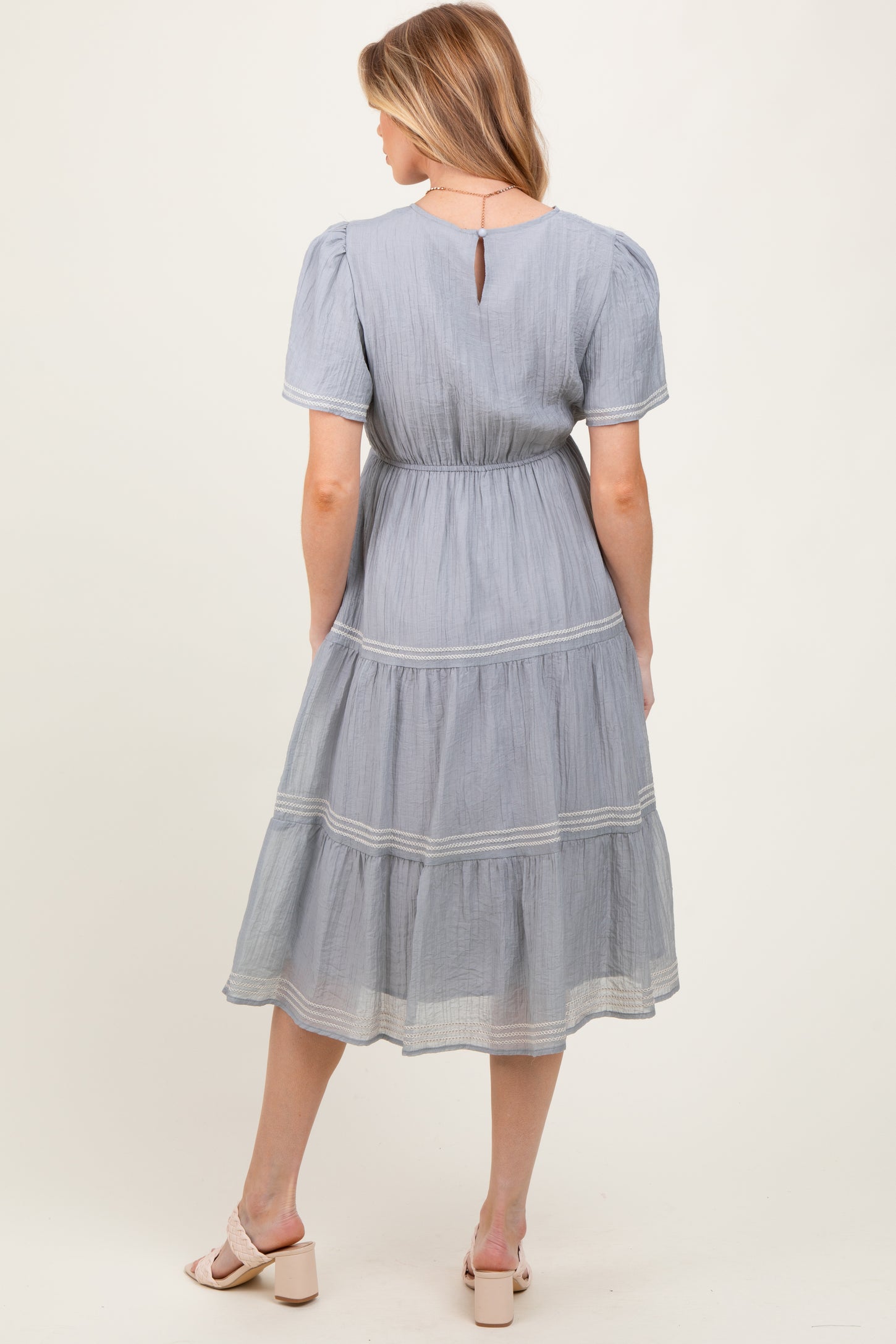 Light Blue Embroidered Tiered Maternity Midi Dress