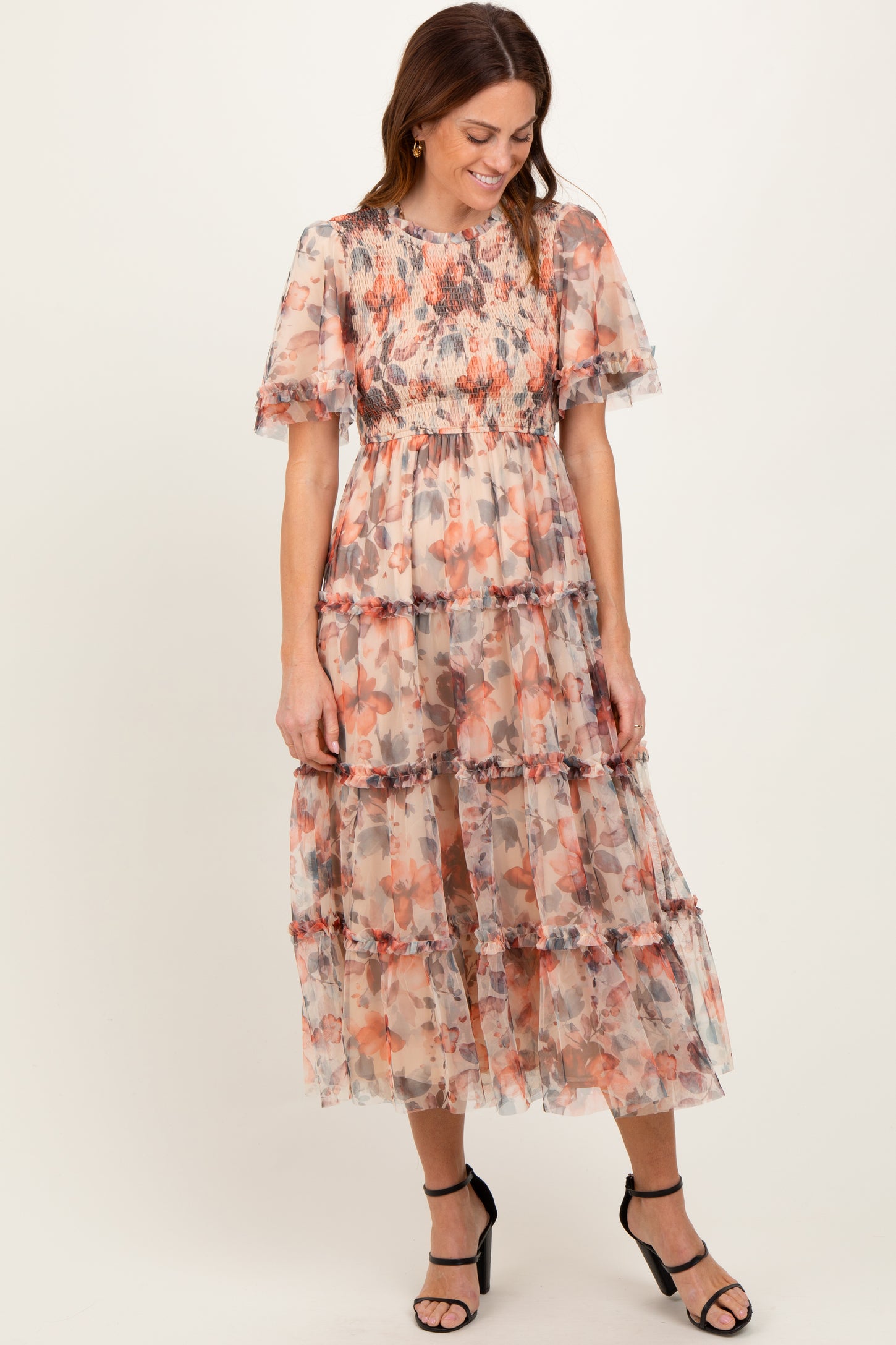 Peach Floral Mesh Smocked Maternity Midi Dress – PinkBlush
