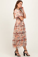Peach Floral Mesh Smocked Midi Dress