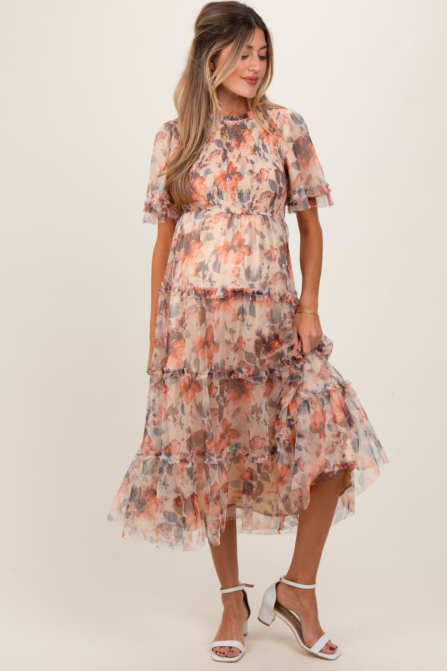 peach midi dress Floral Print in - Aloura Designed with a flattering high neck and sleeveless silhouette Smocked Bardot Midi Dress |