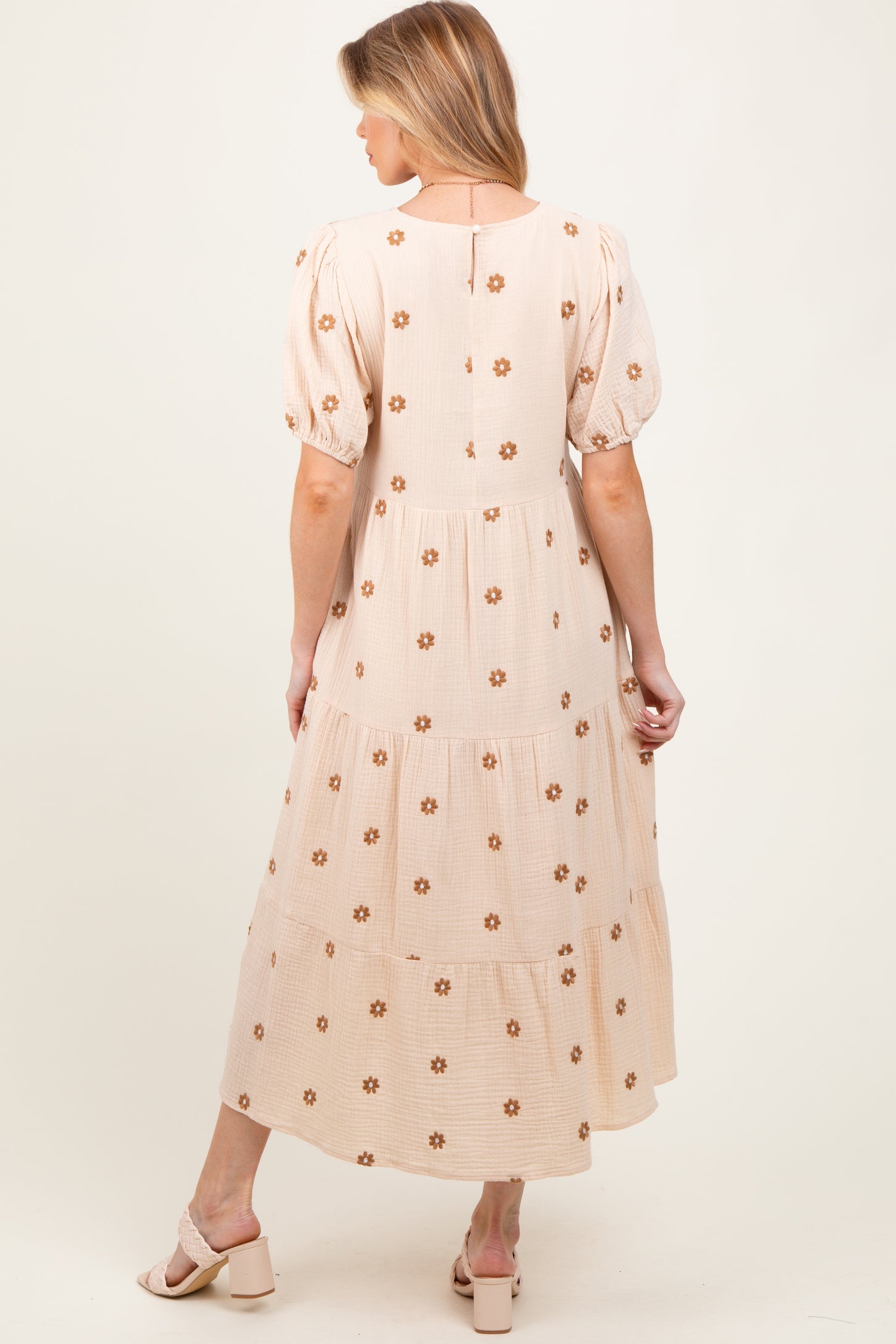 Cream Floral Embroidered Tiered Maternity Midi Dress