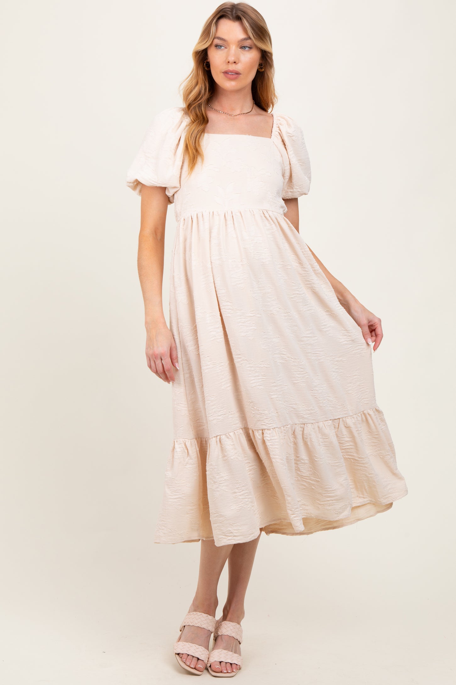 cream square neck midi dress Cream Floral Smocked Square Neck Short Puff Sleeve Maternity Midi Dres PinkBlush