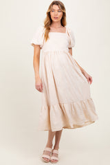 Cream Textured Square Neck Puff Sleeve Maternity Midi Dress