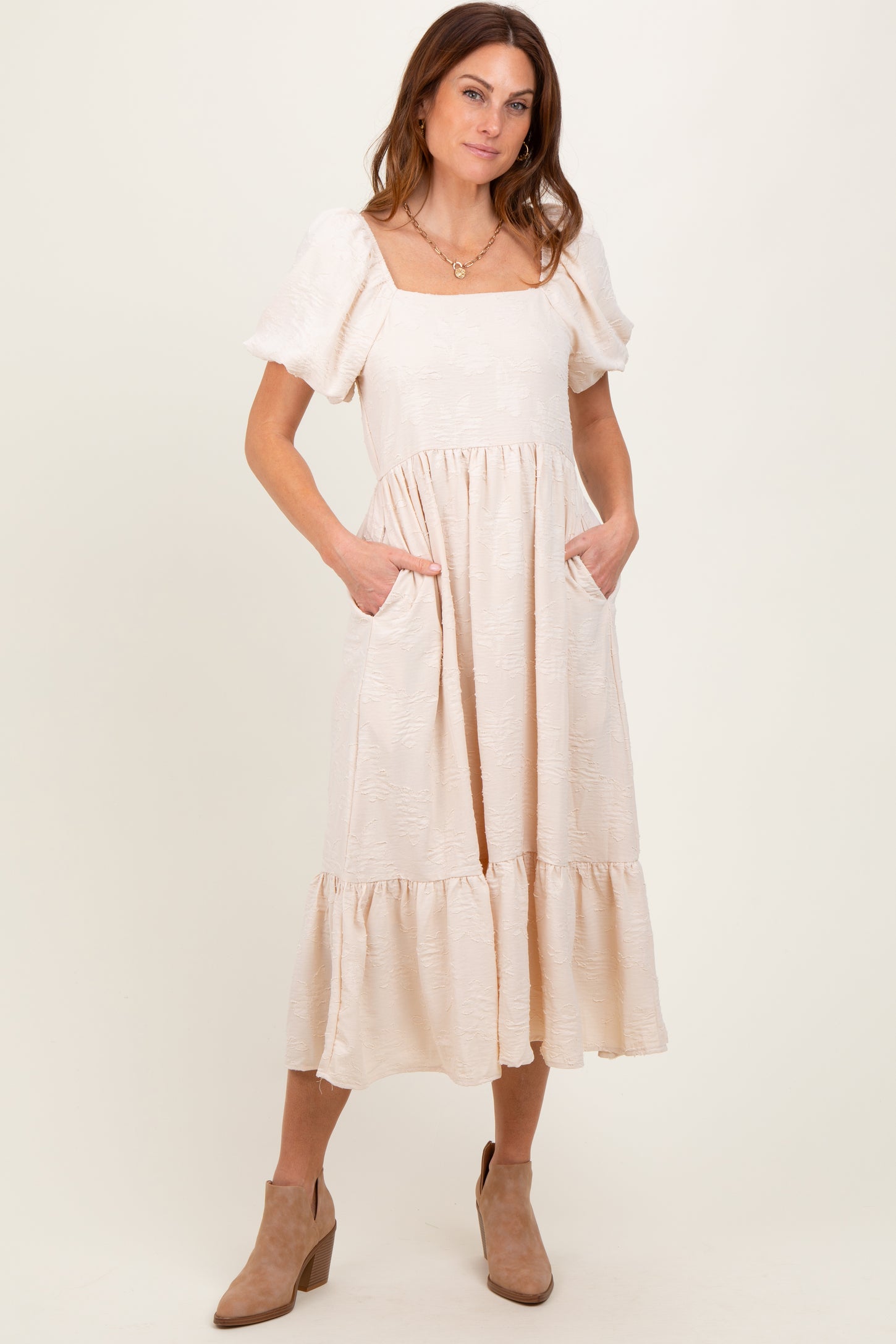 Cream Textured Square Neck Puff Sleeve Midi Dress
