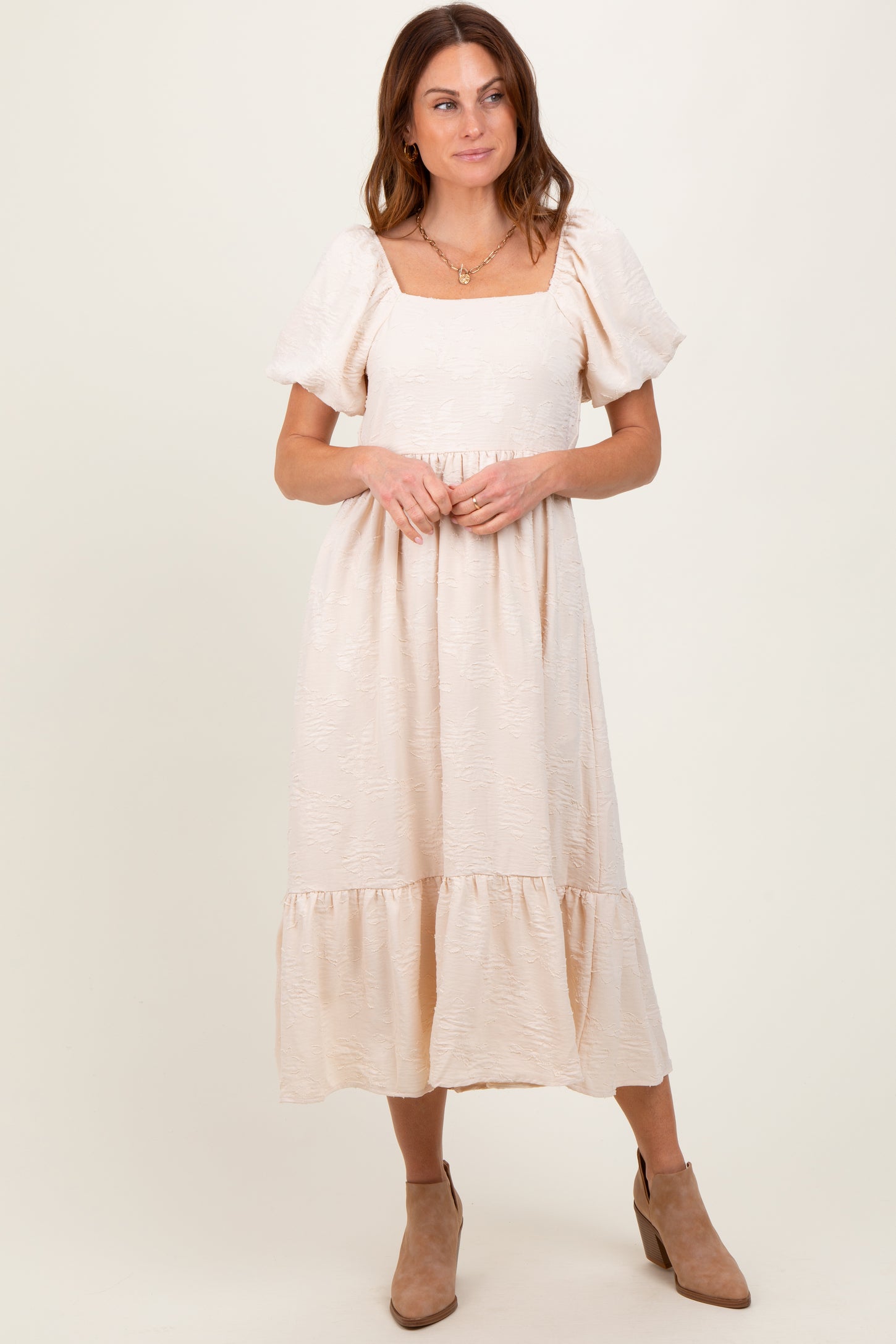 Cream Textured Square Neck Puff Sleeve Midi Dress