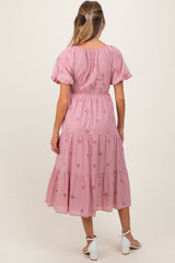Pink Eyelet Square Neck Maternity Midi Dress