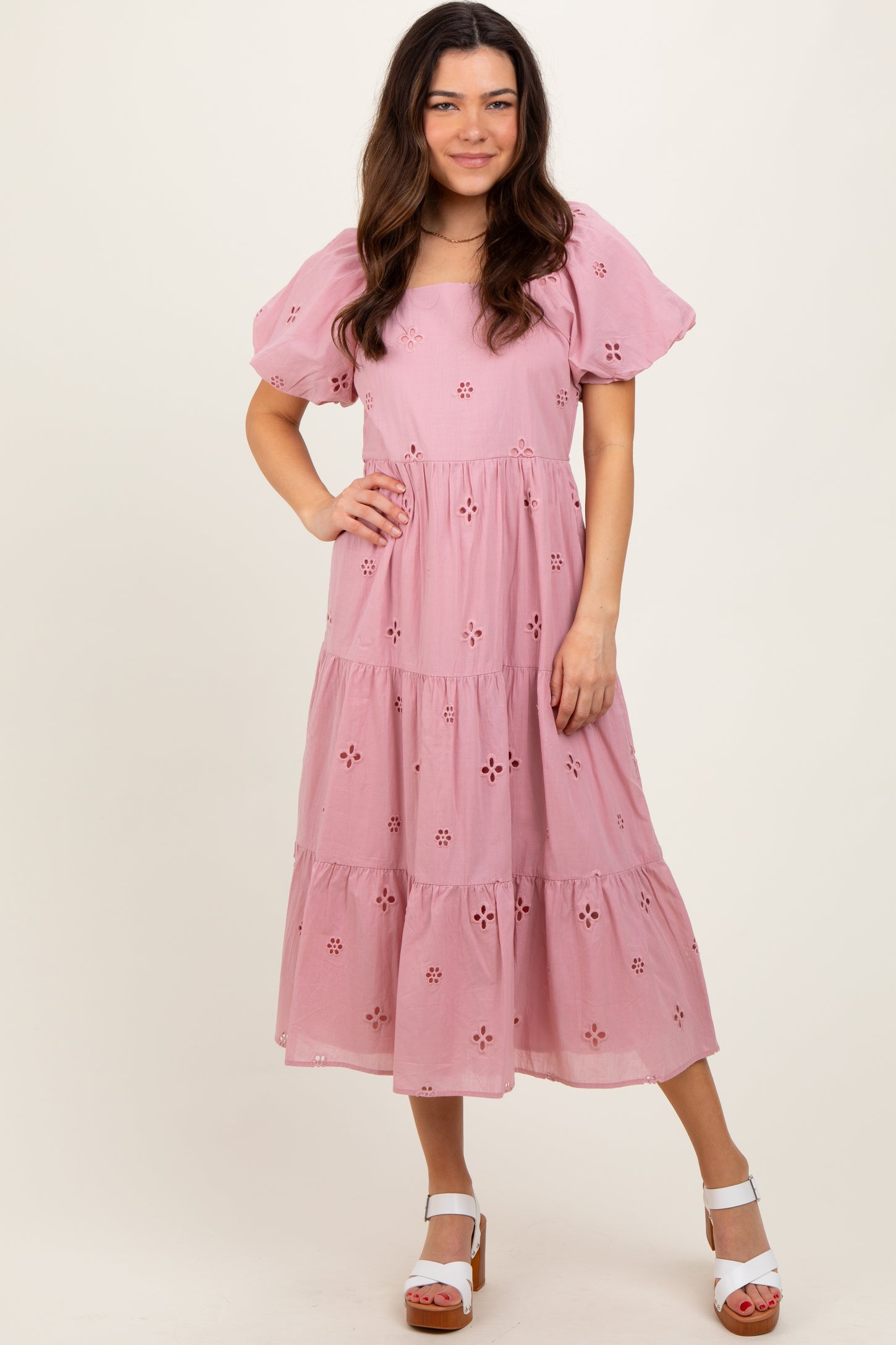 Pink Eyelet Square Neck Maternity Midi Dress PinkBlush Pink Eyelet Square Neck Maternity Midi Dress PinkBlush