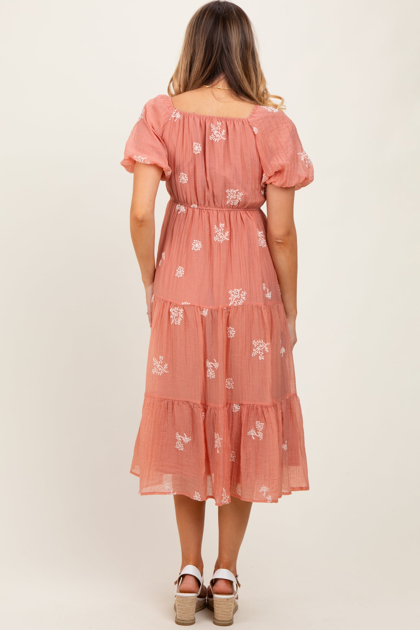 Light Pink Floral Embroidered Tiered Midi Dress