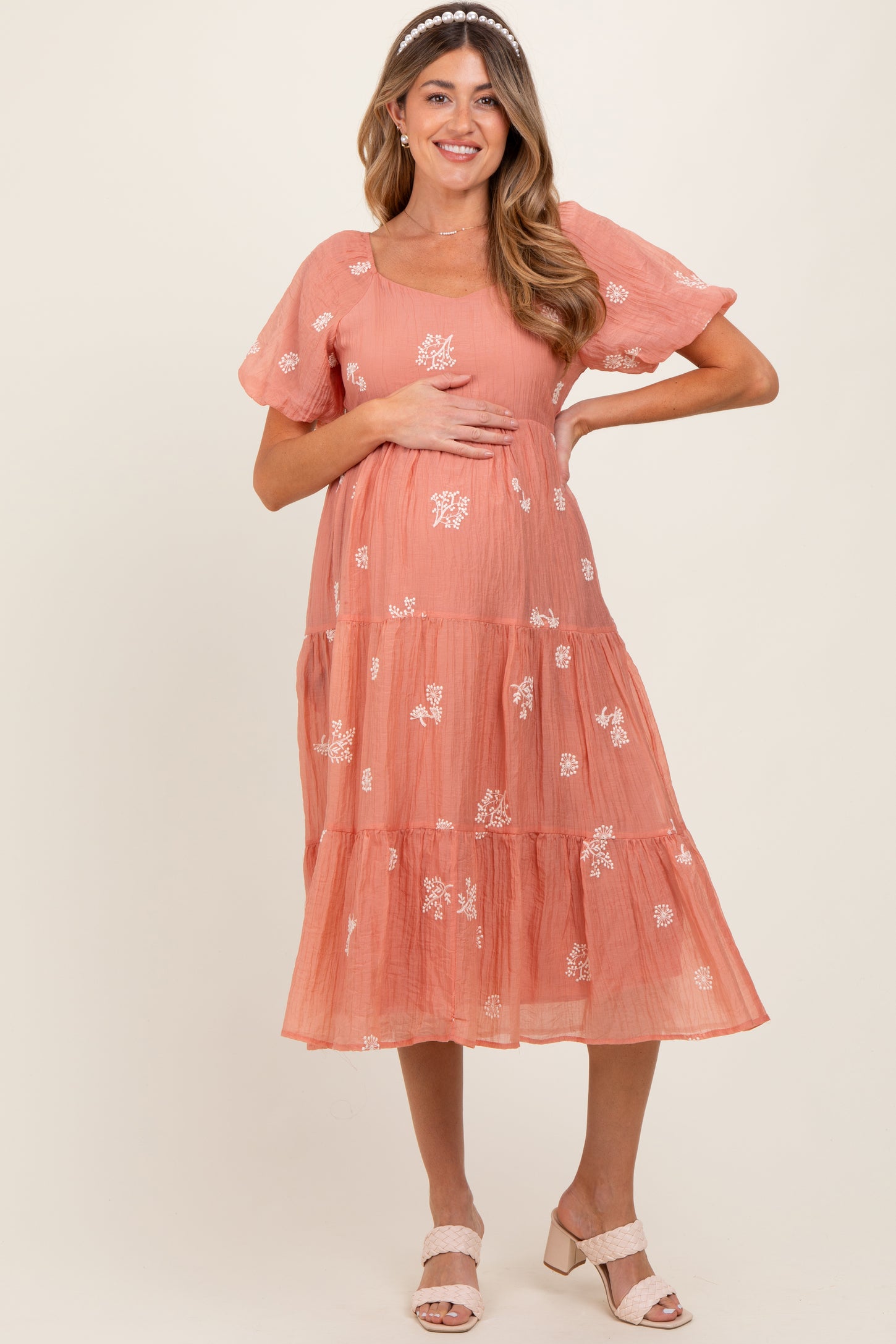 Light Pink Floral Embroidered Tiered Maternity Midi Dress Light Pink Floral Embroidered Tiered Maternity Midi Dress
