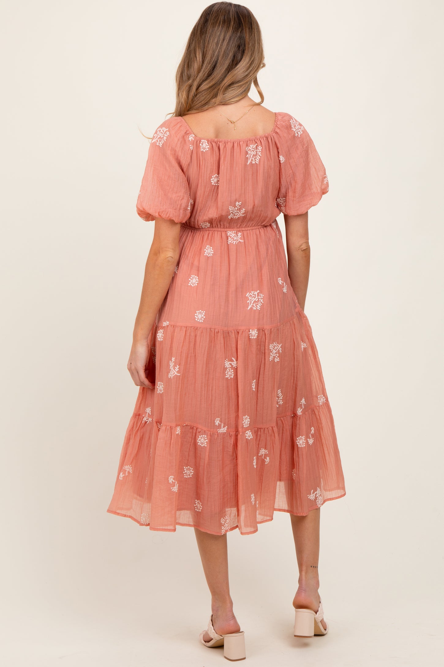 Light Pink Floral Embroidered Tiered Maternity Midi Dress