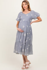 Light Blue Floral Embroidered Tiered Maternity Midi Dress