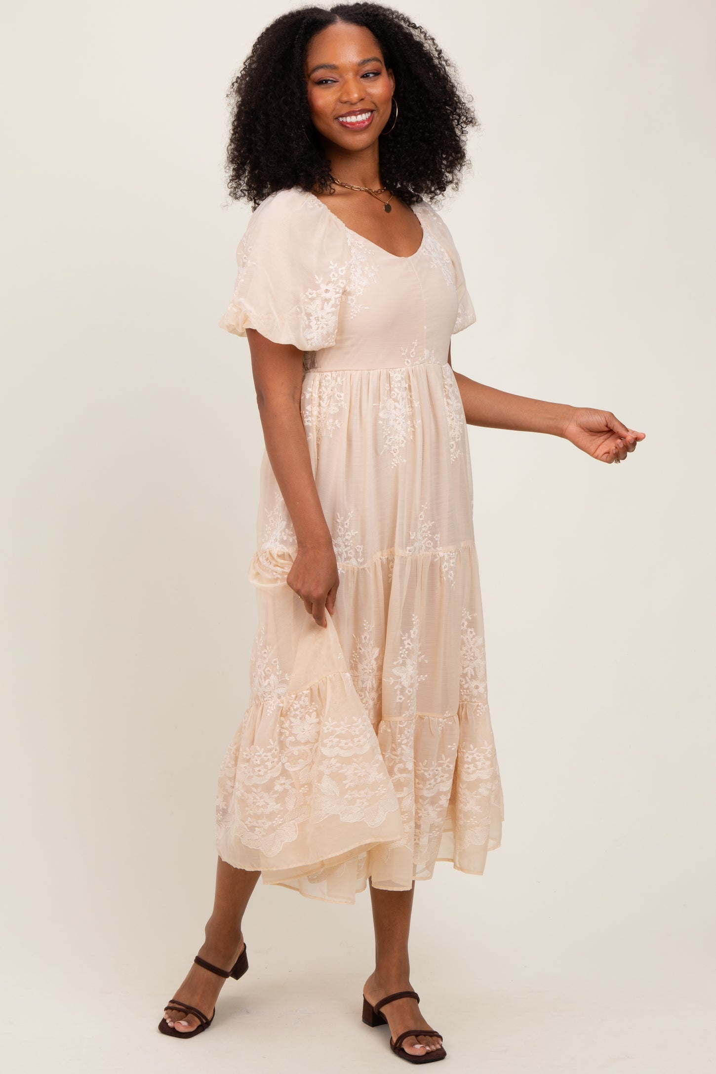 Beige Floral Embroidered Chiffon Midi Dress Beige Floral Embroidered Chiffon Midi Dress