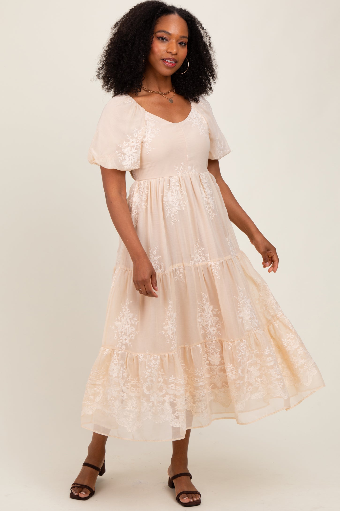 Beige Floral Embroidered Chiffon Midi Dress – PinkBlush