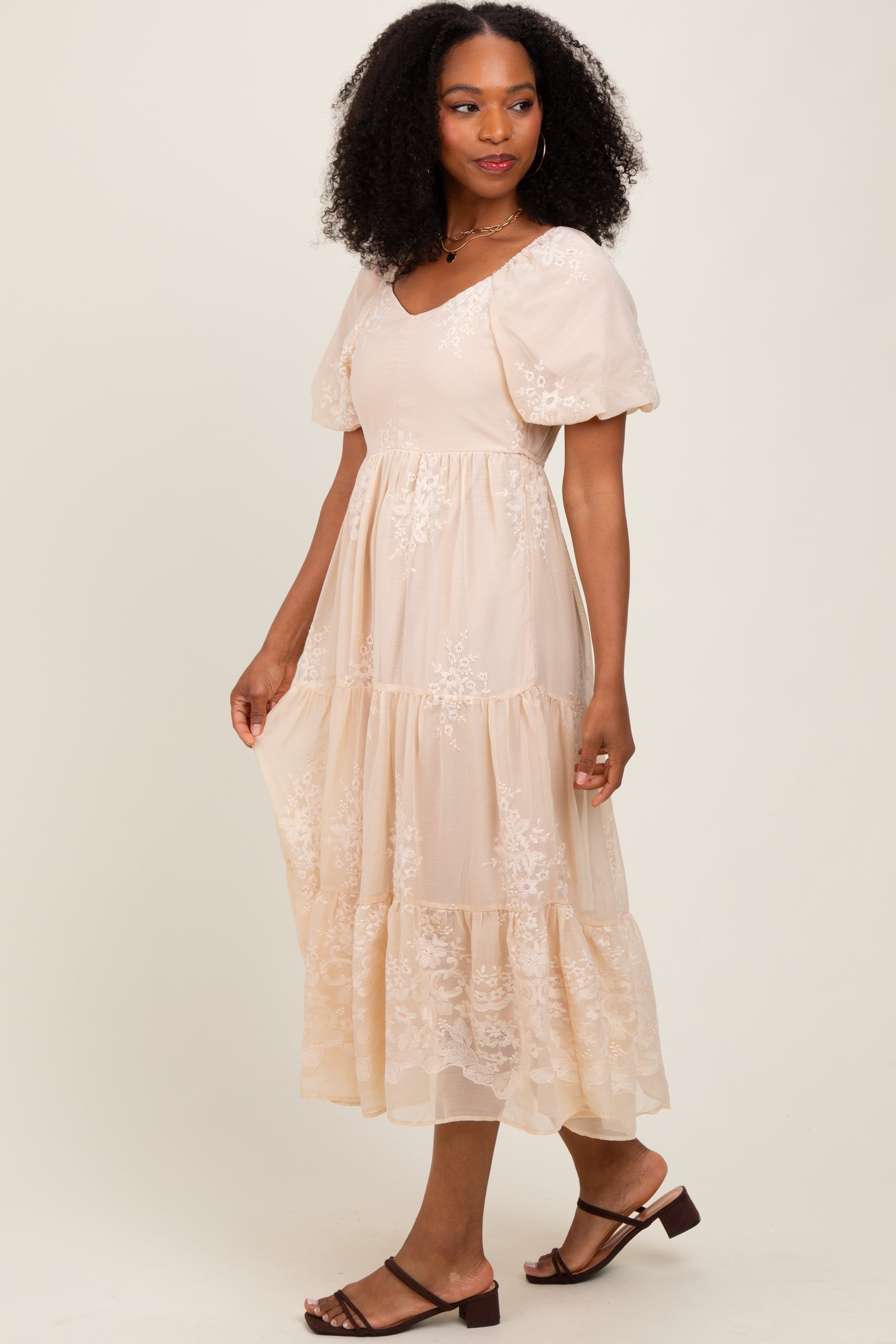 Beige Floral Embroidered Chiffon Midi Dress – PinkBlush