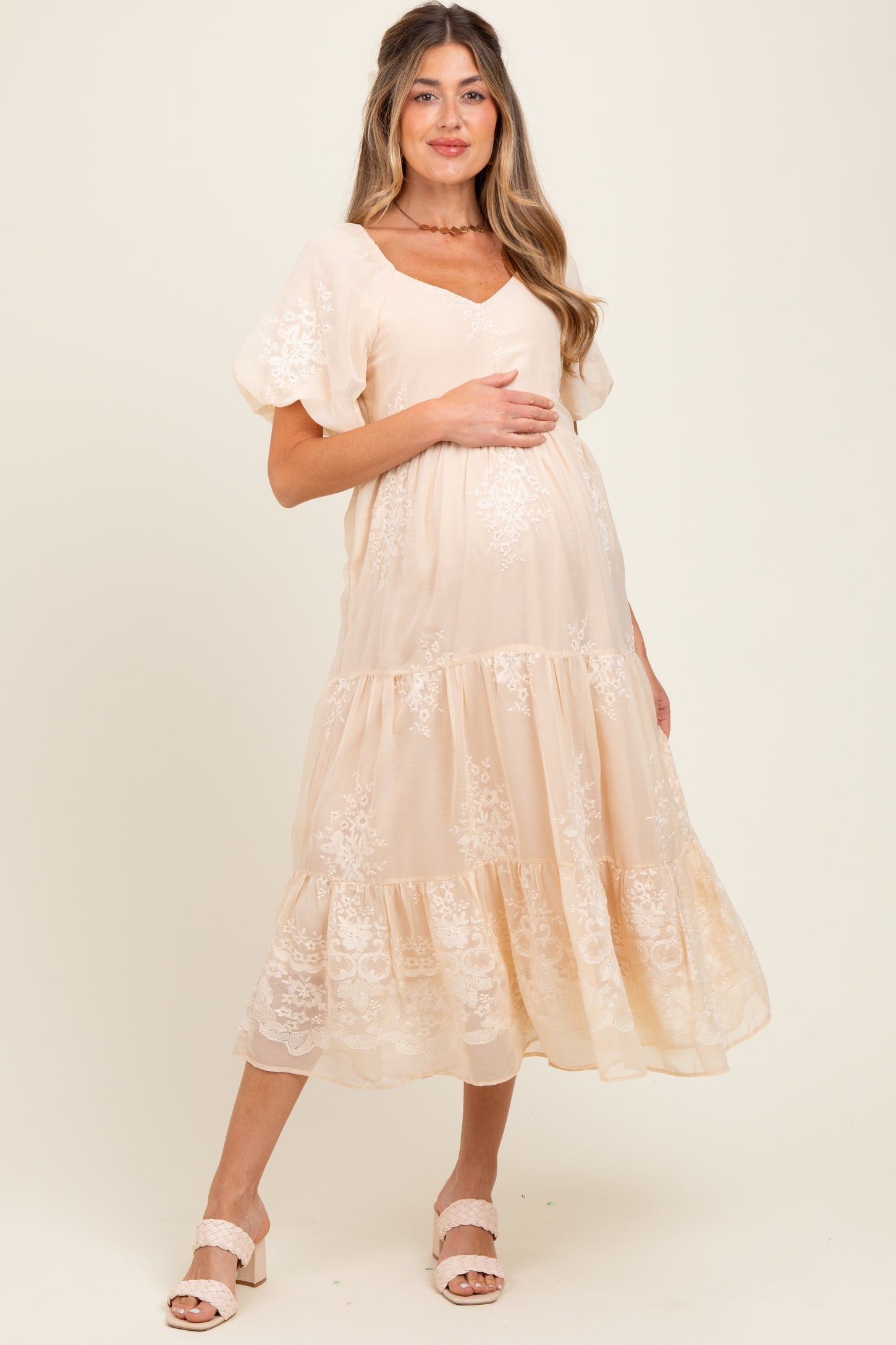 Beige Floral Embroidered Chiffon Maternity Midi Dress Beige Floral Embroidered Chiffon Maternity Midi Dress