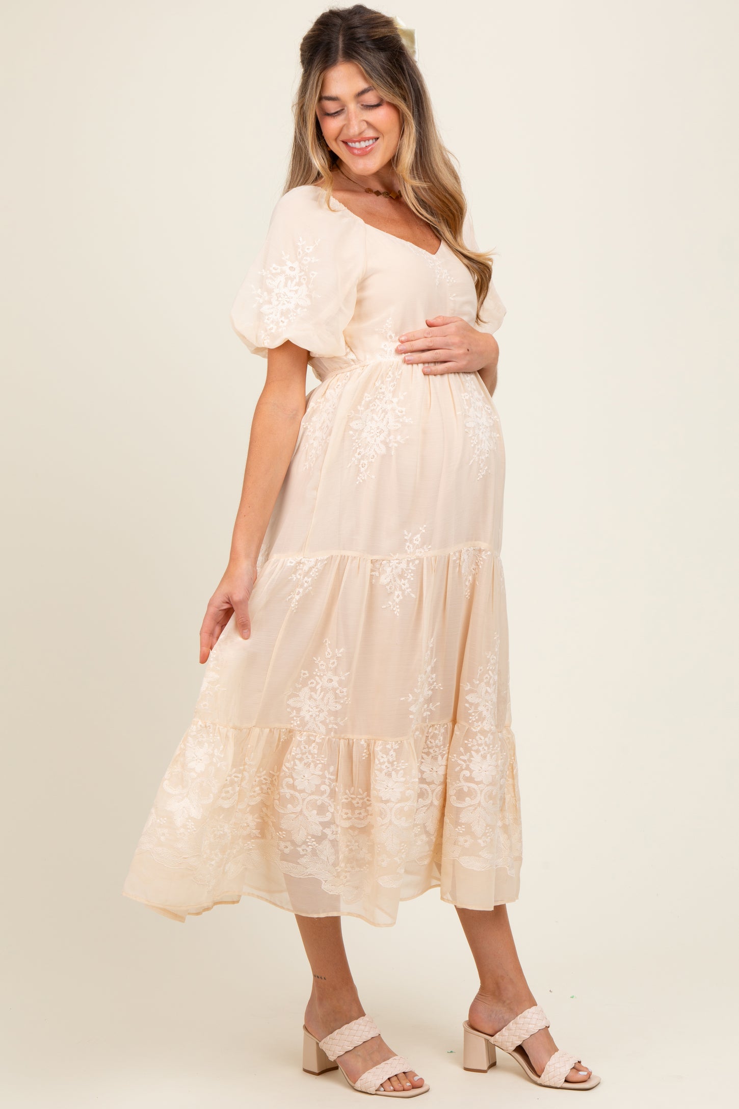 Beige Floral Embroidered Chiffon Maternity Midi Dress PinkBlush Beige Floral Embroidered Chiffon Maternity Midi Dress PinkBlush