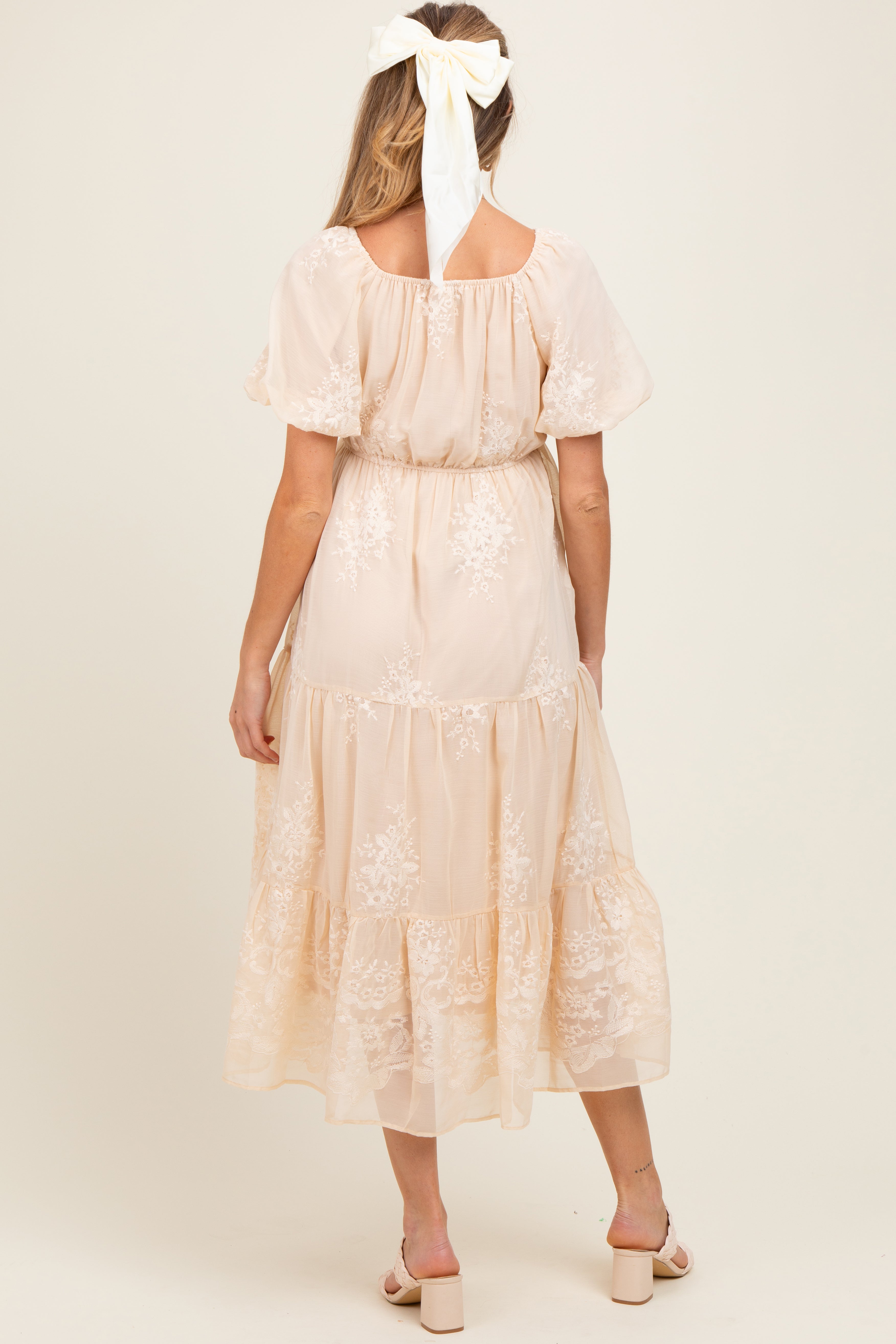 Beige Floral Embroidered Chiffon Maternity Midi Dress – PinkBlush
