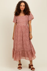 Mauve Embroidered Square Neck Maternity Midi Dress