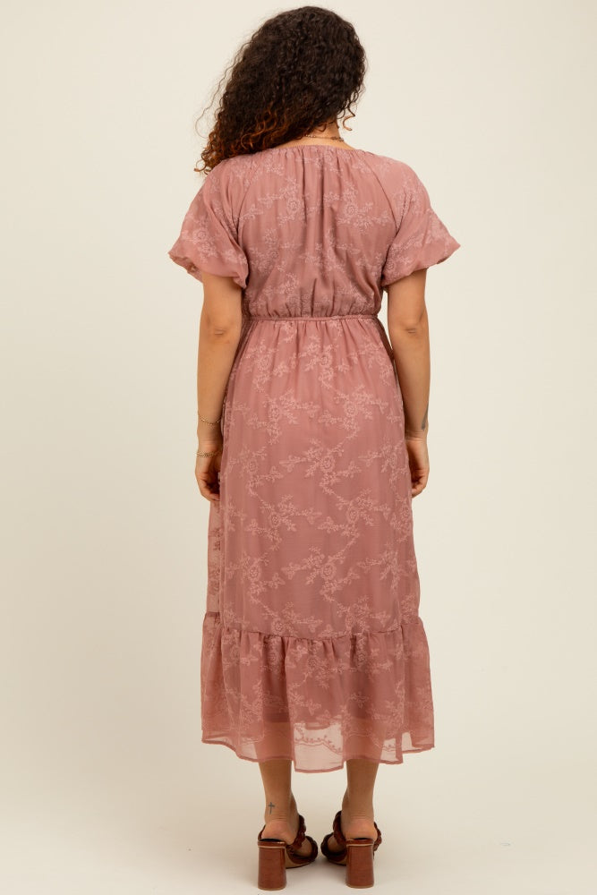 Mauve Embroidered Square Neck Maternity Midi Dress