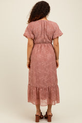 Mauve Embroidered Square Neck Maternity Midi Dress