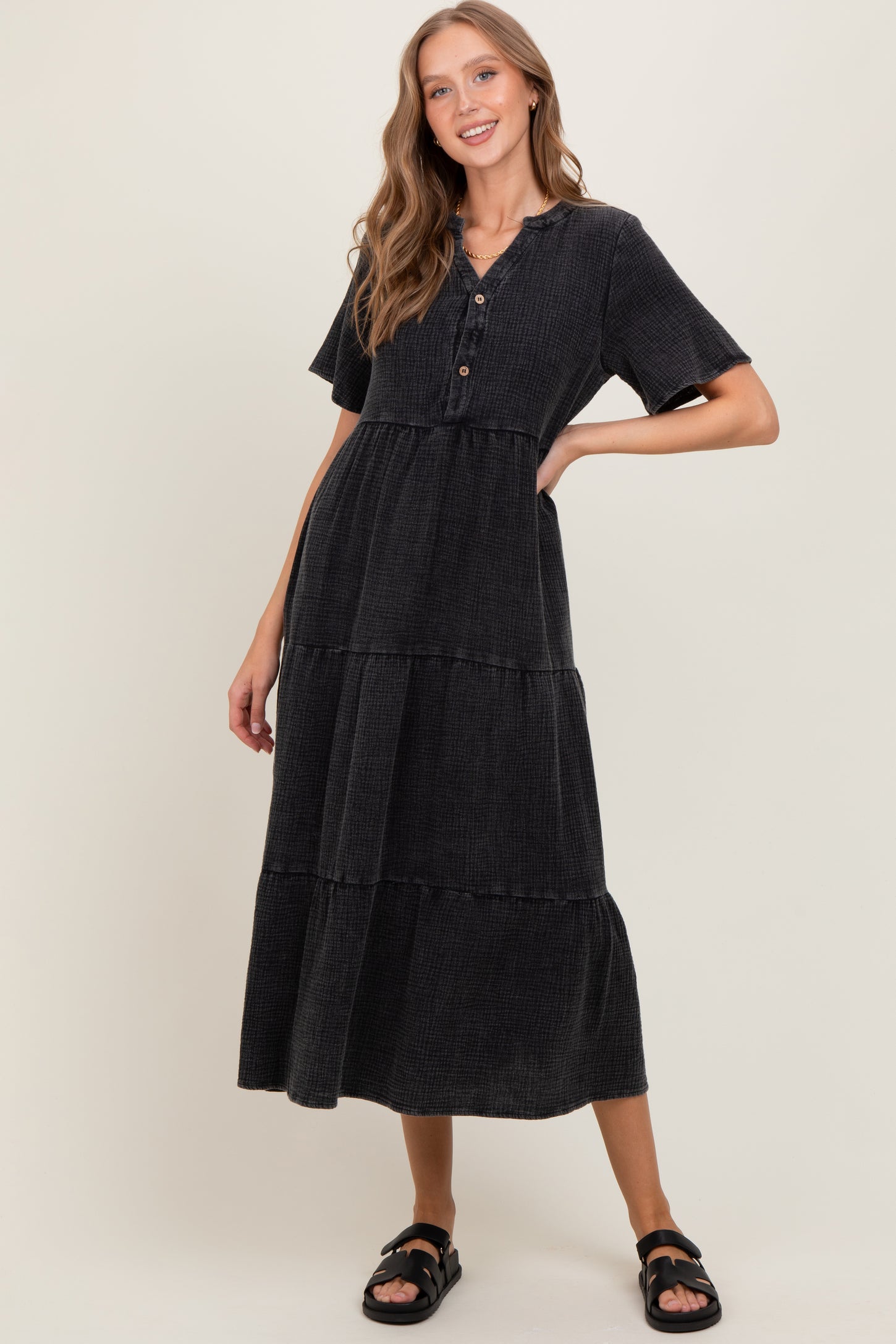 Black Button Front Tiered Maternity Maxi Dress – PinkBlush