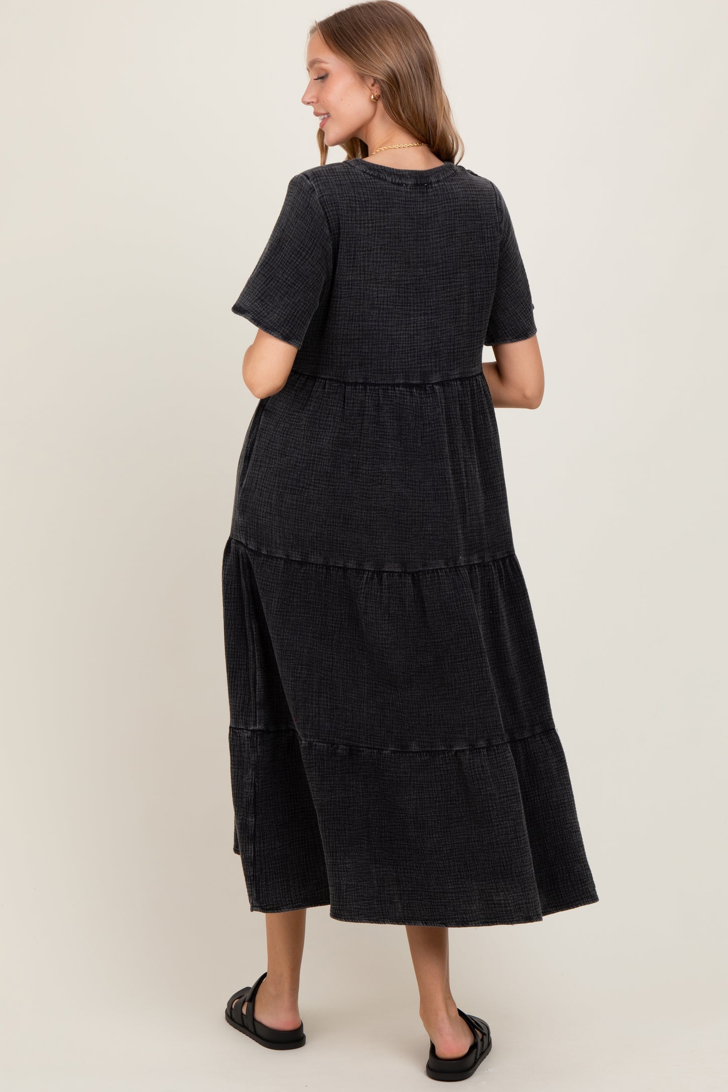 Black Button Front Tiered Maxi Dress