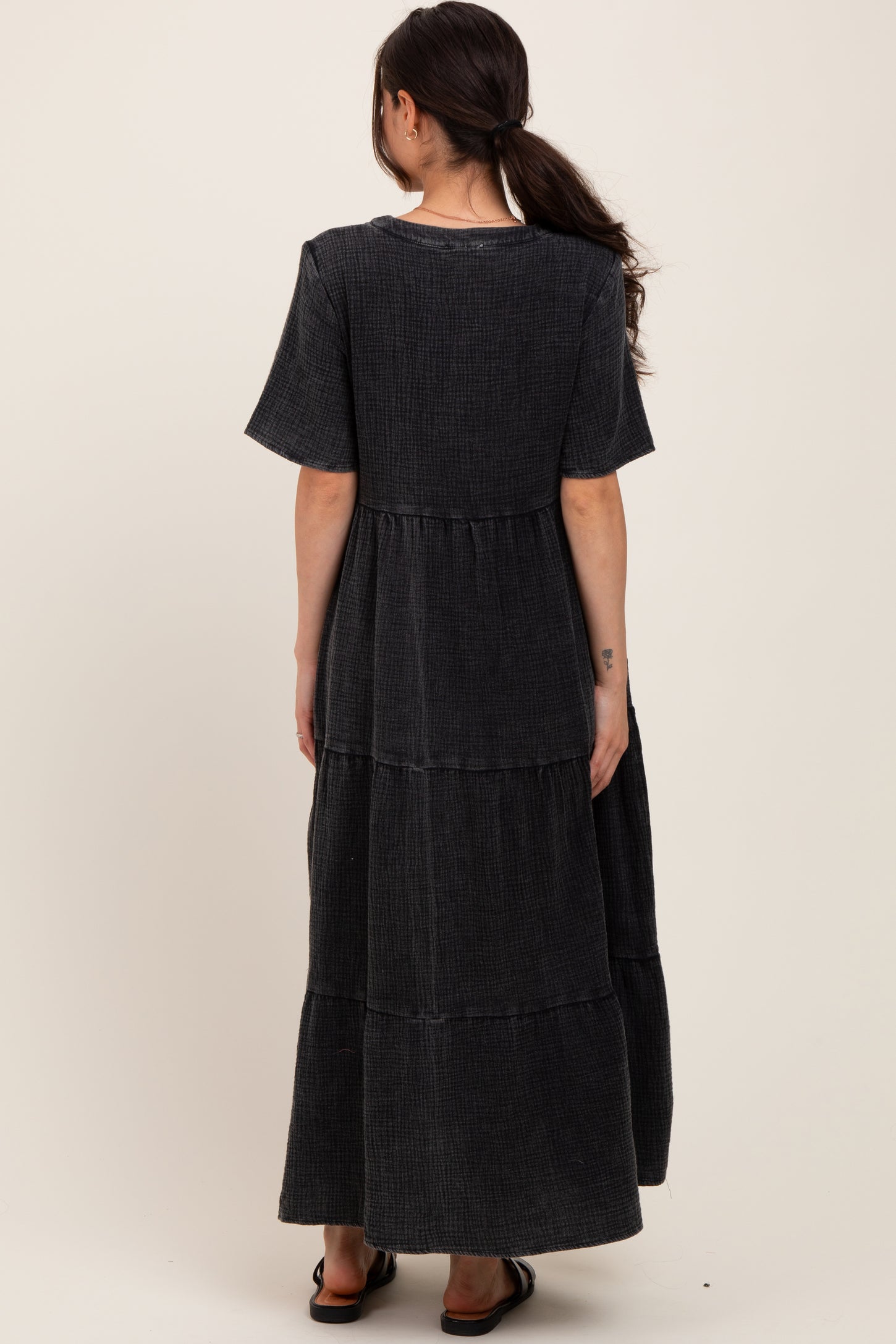 Black Button Front Tiered Maternity Maxi Dress