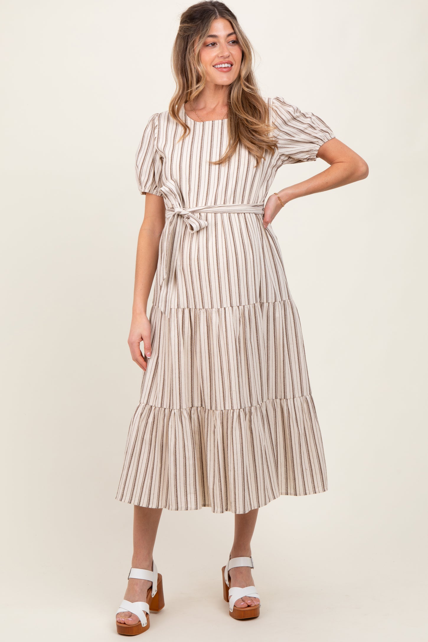Ivory Stripe Tiered Tied Waist Maternity Midi Dress