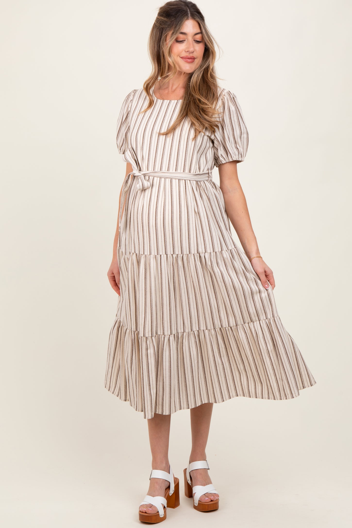 Ivory Stripe Tiered Tied Waist Maternity Midi Dress