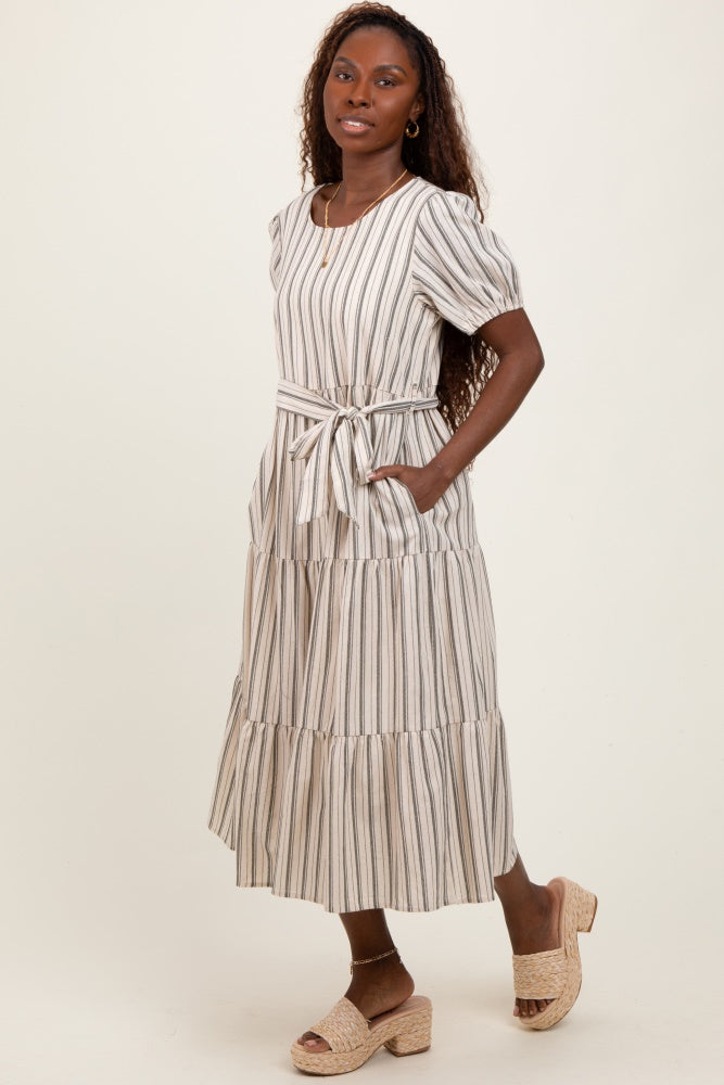 Olive Stripe Tiered Tied Waist Midi Dress
