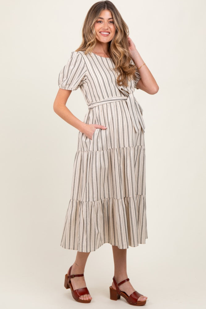 Olive Stripe Tiered Tied Waist Maternity Midi Dress