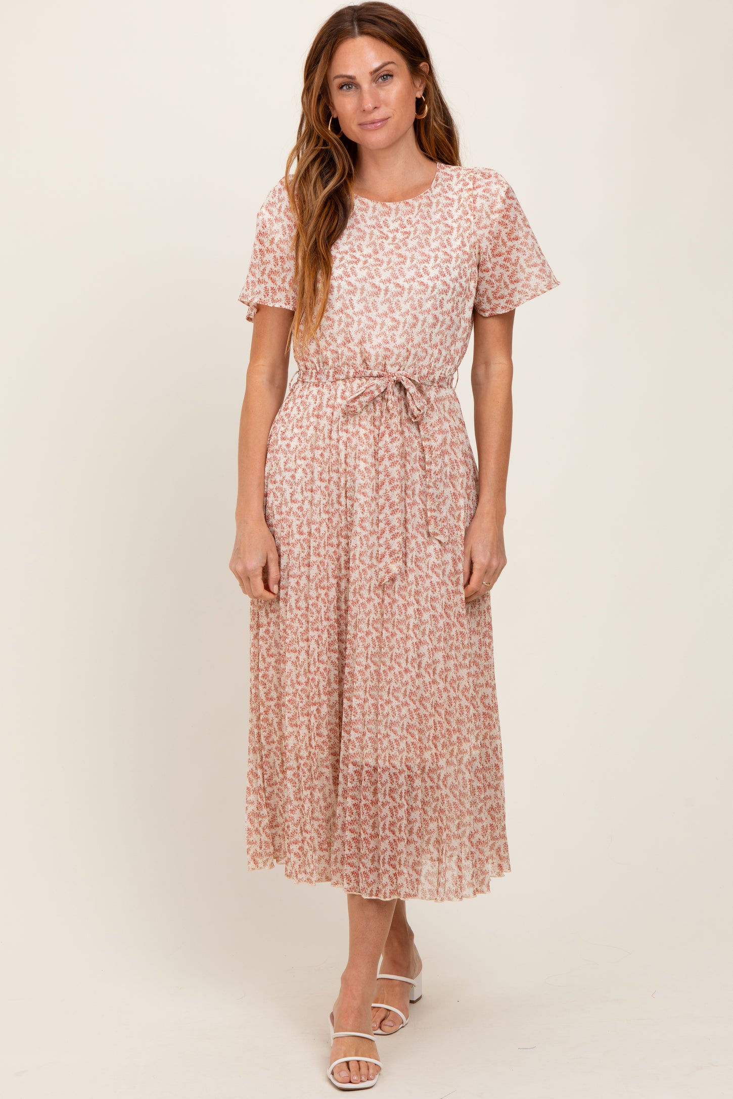 Cream Pink Print Pleated Midi Dress