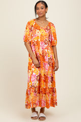 Orange Floral Tiered Puff Sleeve Midi Dress