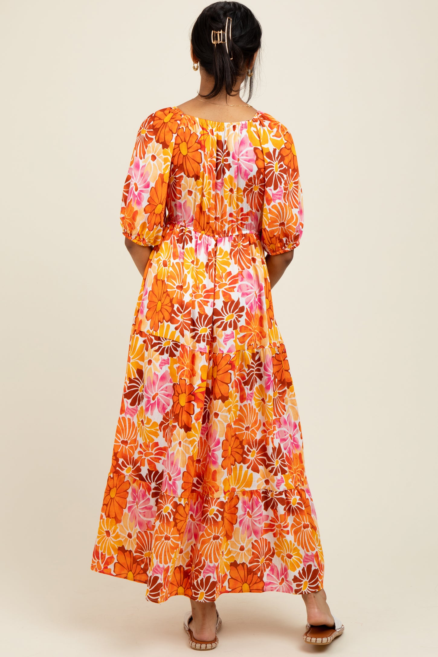 Orange Floral Tiered Puff Sleeve Midi Dress – PinkBlush