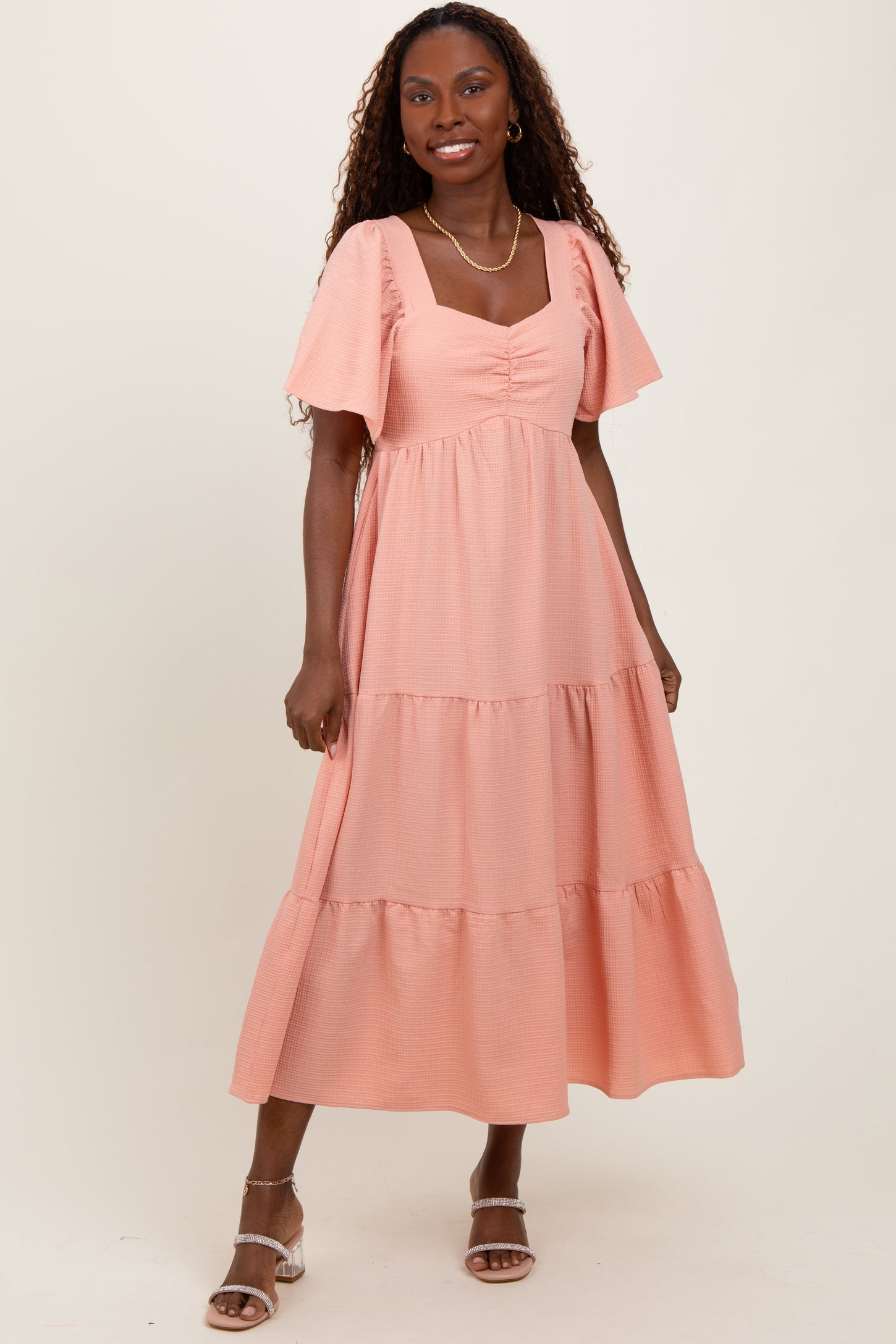 Peach Sweetheart Neck Short Puff Sleeve Tiered Midi Dress