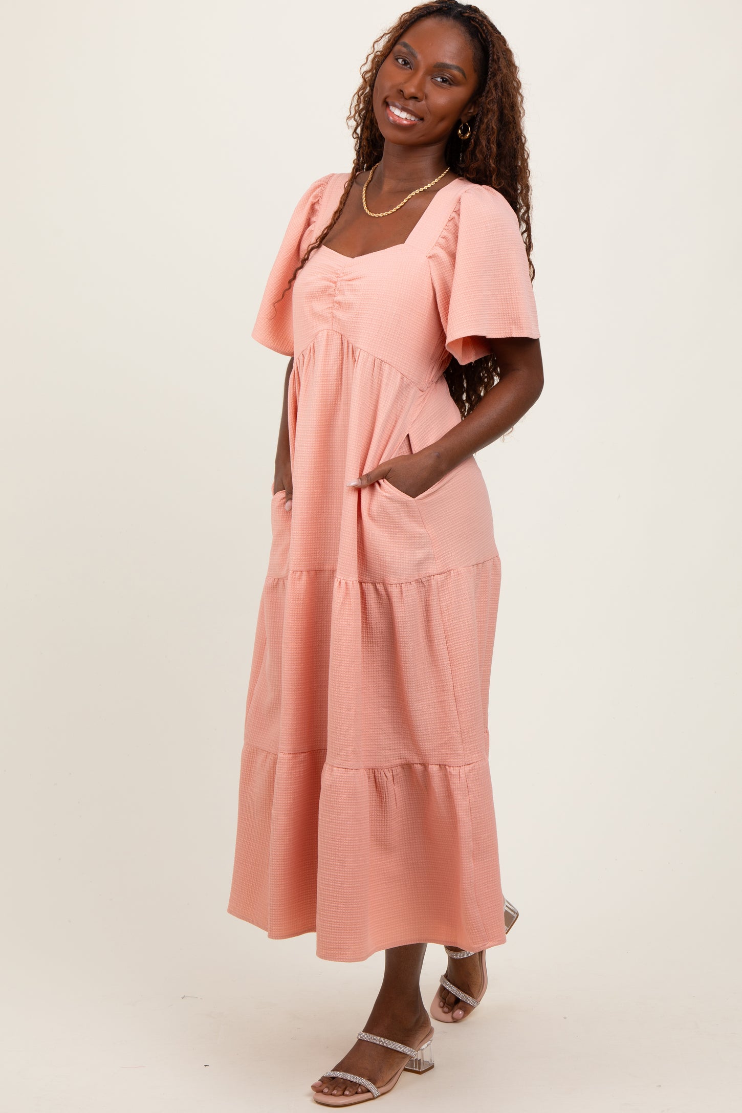 Peach Sweetheart Neck Short Puff Sleeve Tiered Midi Dress PinkBlush Peach Sweetheart Neck Short Puff Sleeve Tiered Midi Dress PinkBlush