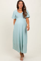 Mint Green Smocked V-Neck Short Puff Sleeve Textured Maternity Midi Dress