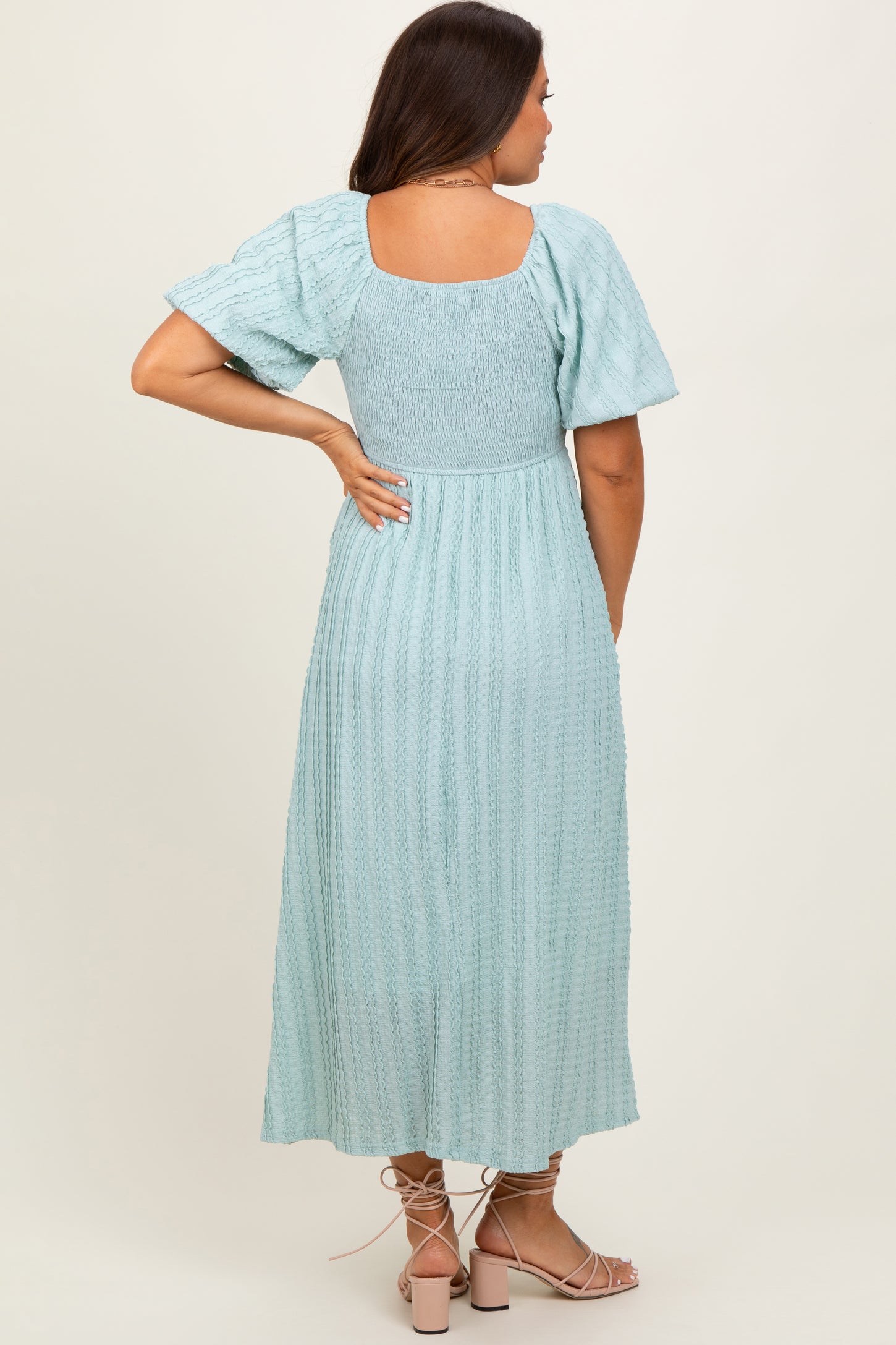 Mint Green Smocked V-Neck Short Puff Sleeve Textured Maternity Midi Dr PinkBlush Mint Green Smocked V-Neck Short Puff Sleeve Textured Maternity Midi Dr PinkBlush